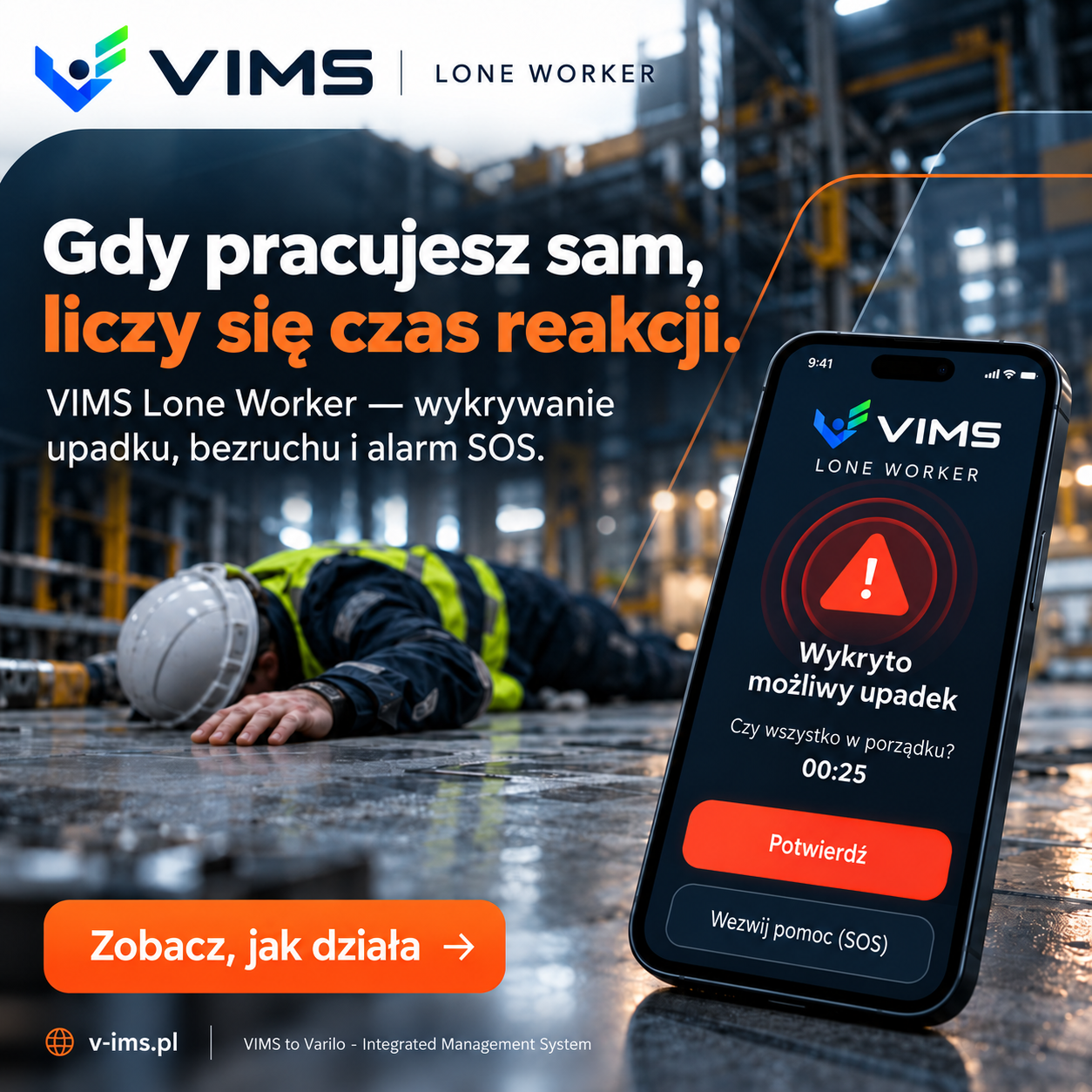 Aplikacja V-IMS Lone Worker wykrywa upadek pracownika samotnego i odlicza czas do alarmu SOS