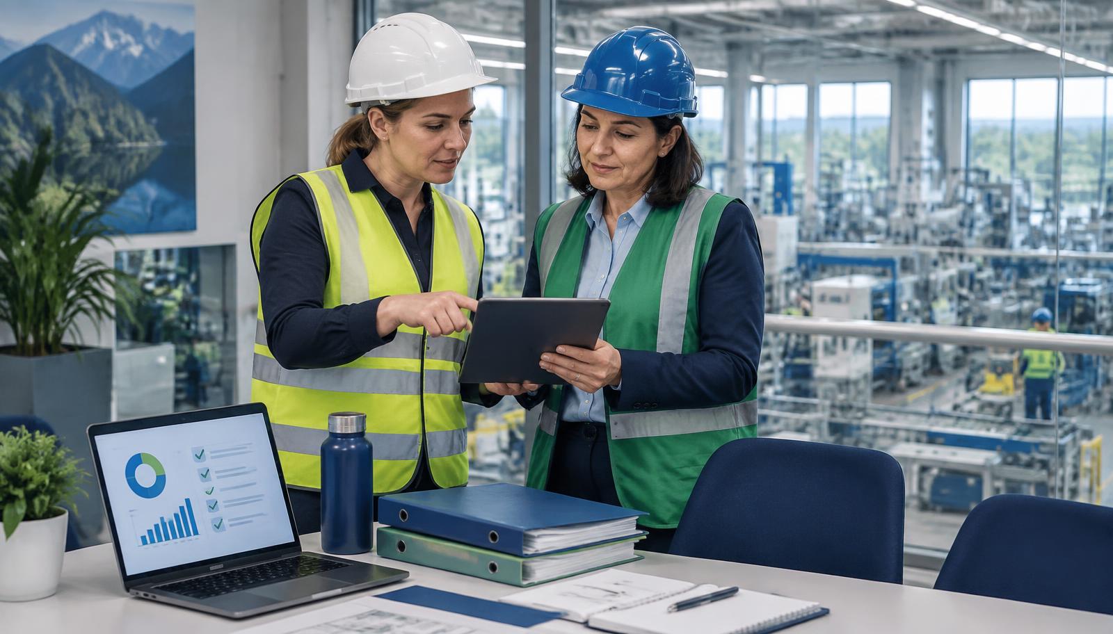 OH&S system lead and auditor reviewing ISO 45001 audit evidence on a tablet running V-IMS in a manufacturing plant