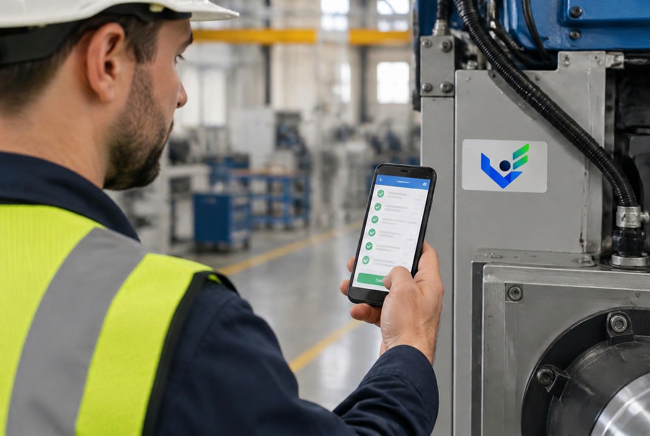 Technician scanning a QR code and NFC tag on a machine with a checklist on a phone