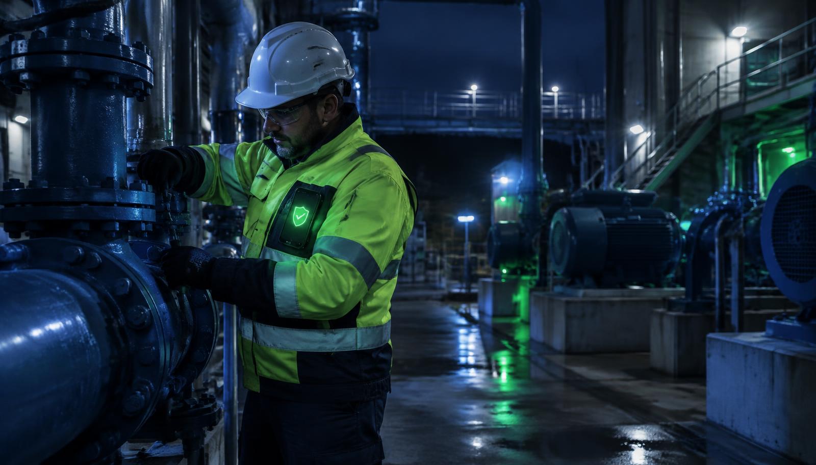 Pracownik utrzymania ruchu pracujący w pojedynkę nocą w przepompowni, z telefonem z aktywną ochroną Lone Worker V-IMS w kieszeni kurtki