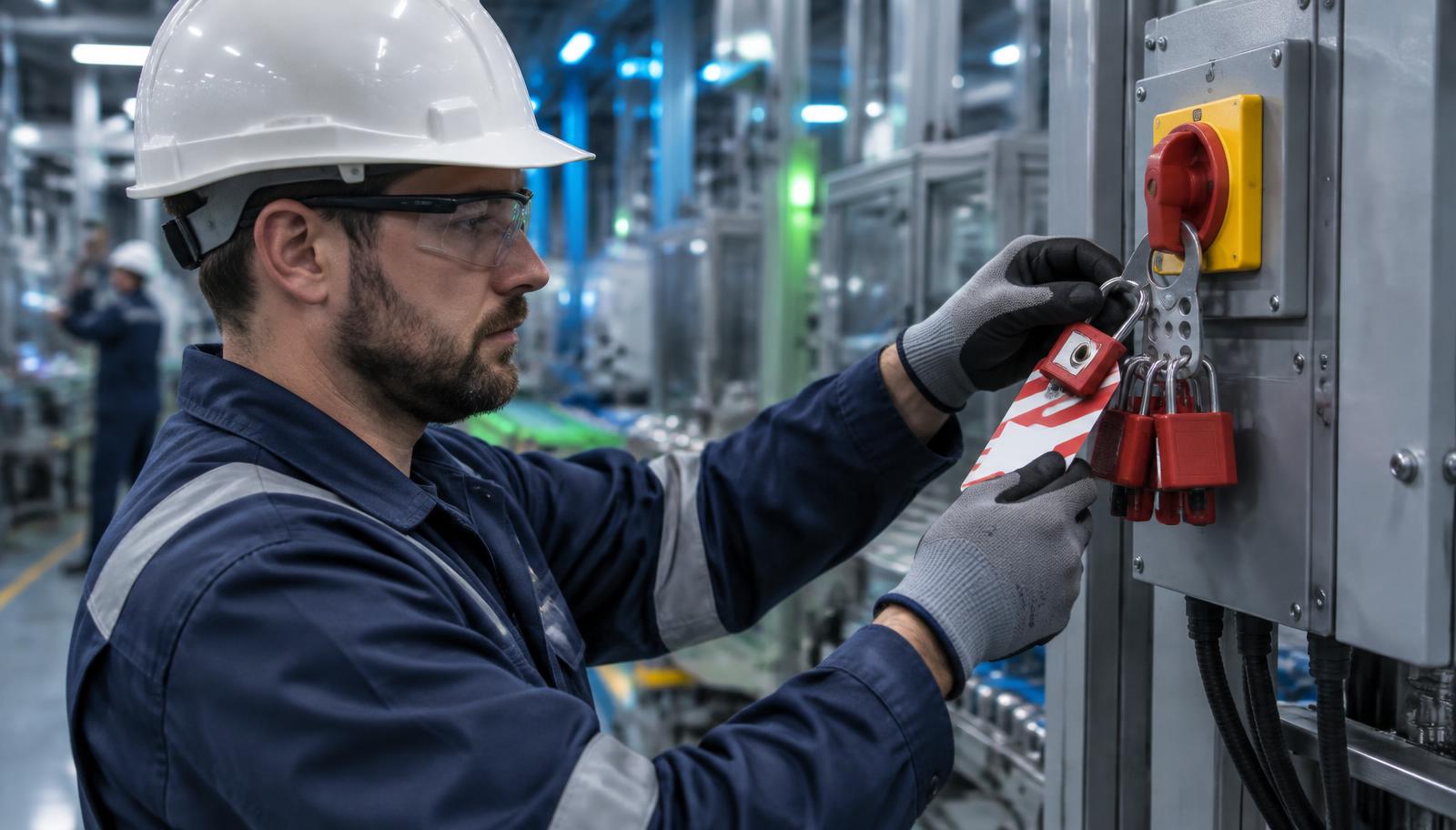 Technik utrzymania ruchu zakłada kłódkę LOTO i przywieszkę na wyłącznik główny maszyny