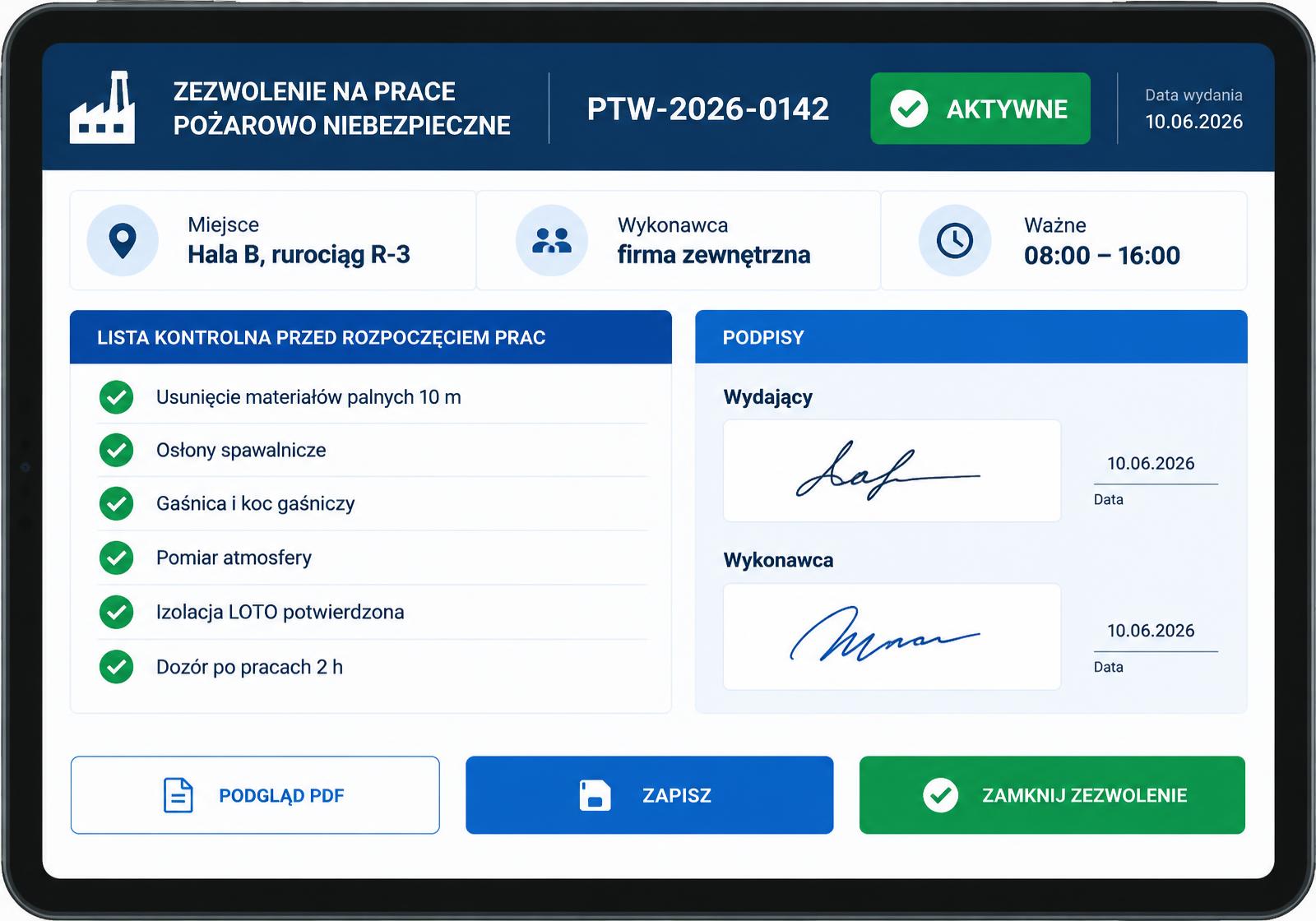 Sample digital hot work permit on a tablet with a control checklist and signatures