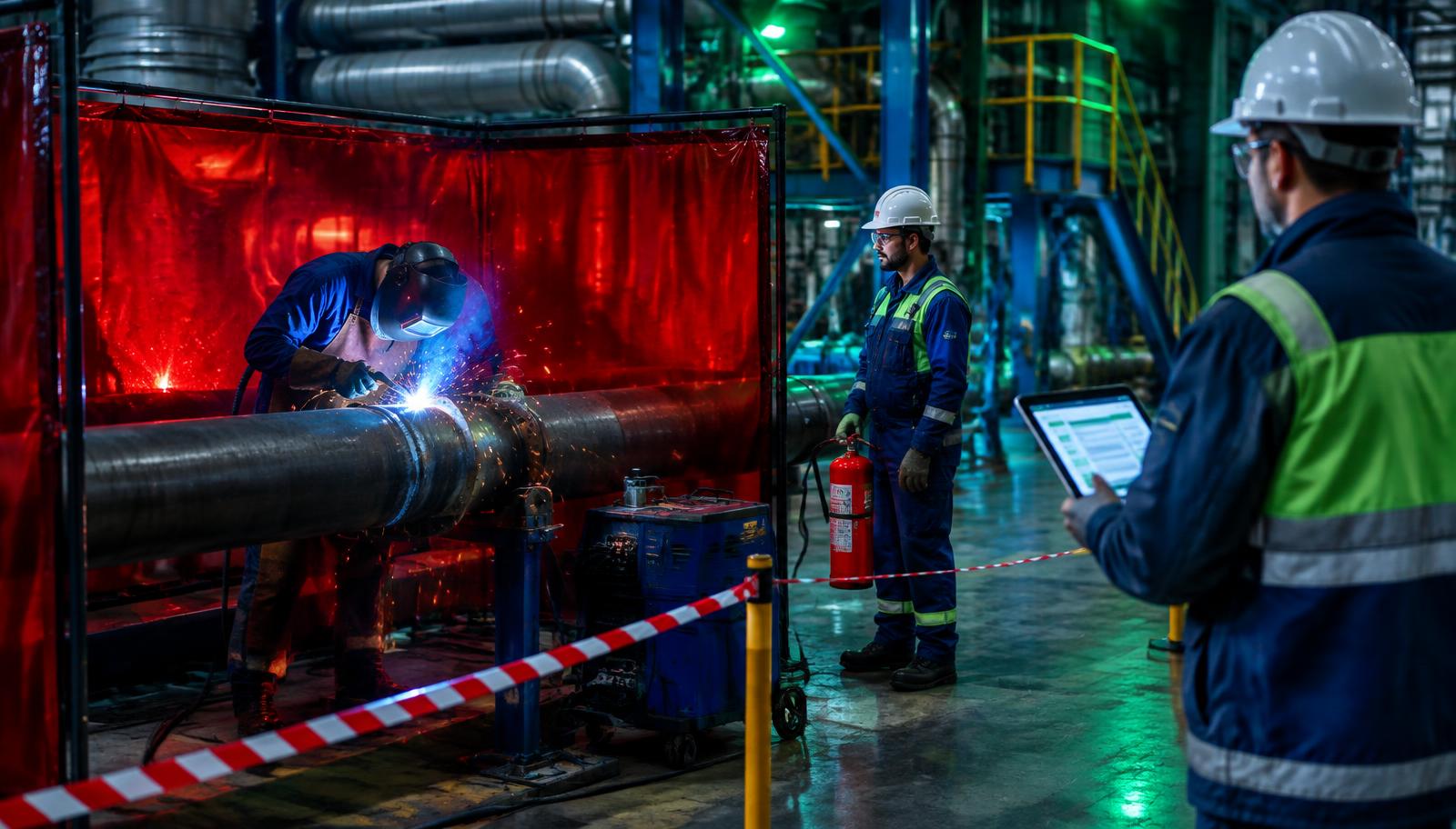 Welding on a pipeline behind a screen, fire watch with an extinguisher and a supervisor holding a digital permit to work on a tablet