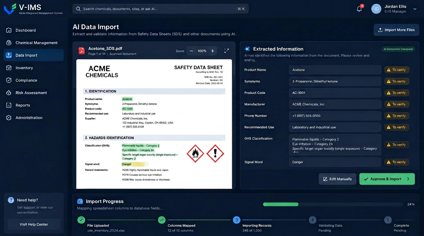 VIMS smart data import — safety data sheet extraction with recognised fields, to-verify status and a user approval button