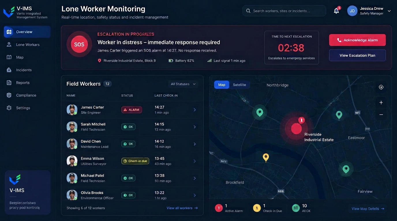 VIMS — moduł Lone Worker: konsola dyżurnego z listą pracowników w terenie, statusami meldunków, mapą lokalizacji i alarmem SOS