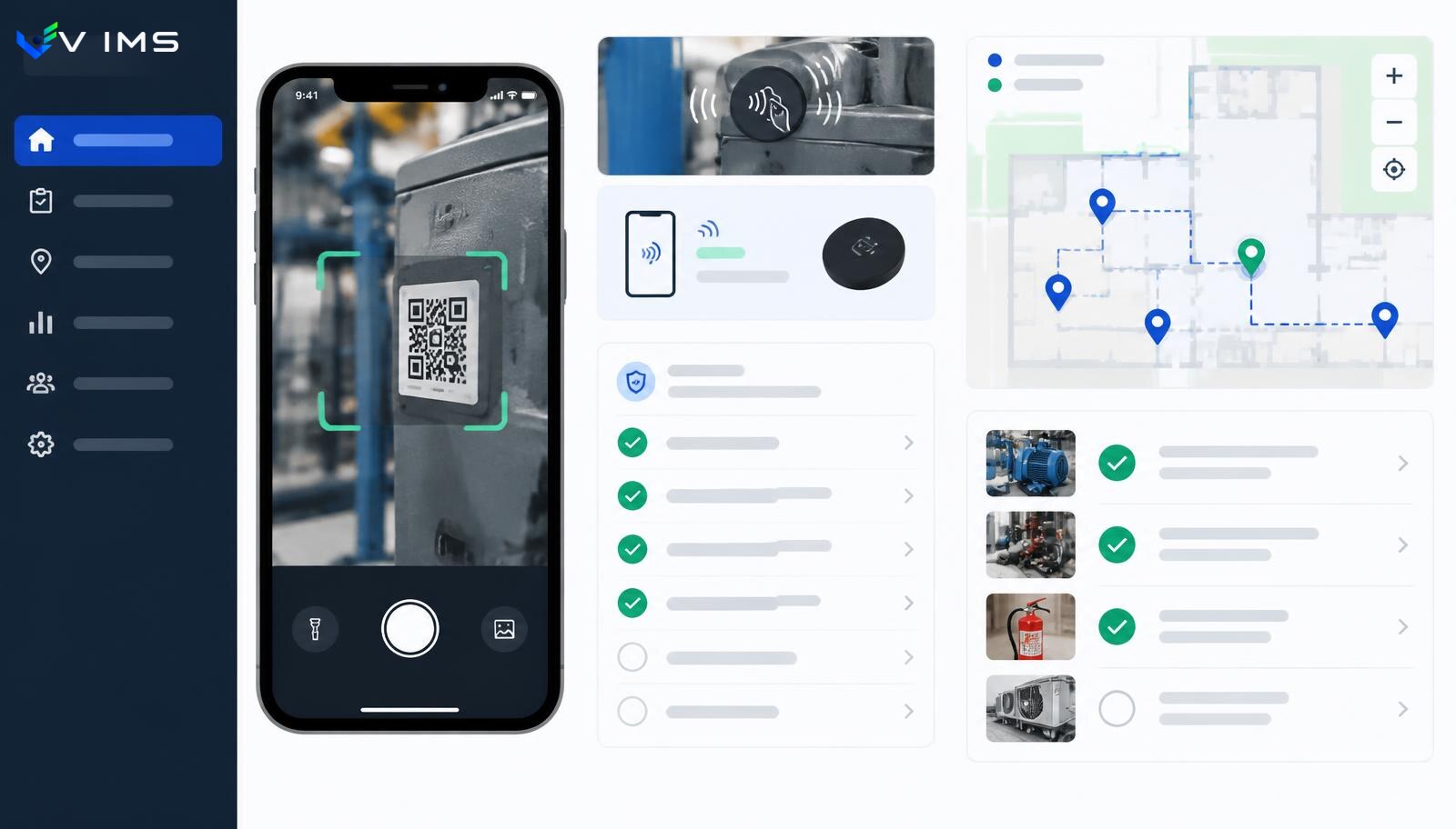 VIMS Field — mobilna kontrola BHP ze skanowaniem kodu QR na maszynie, checklistą obchodu i mapą punktów kontrolnych
