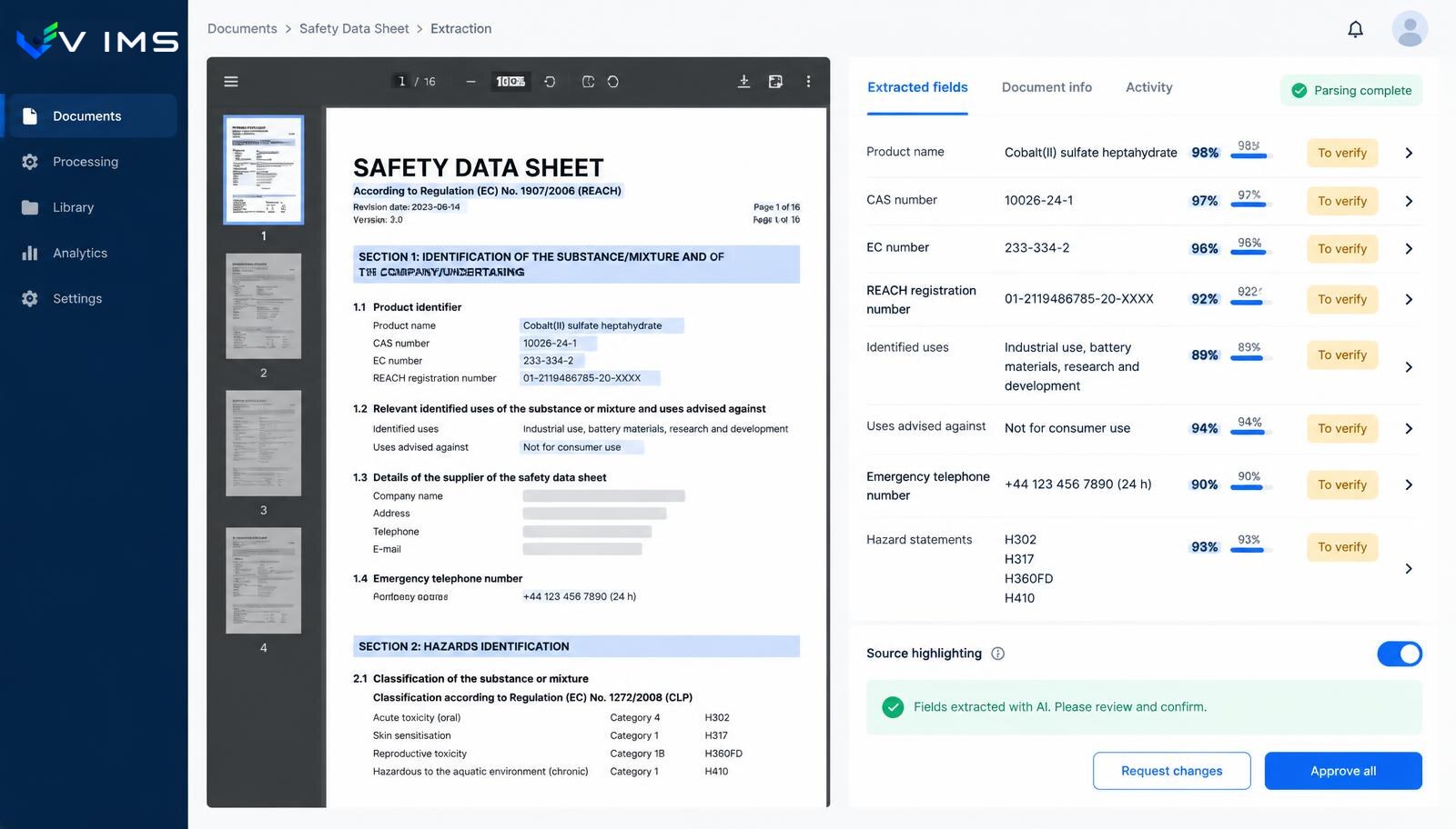 VIMS Intelligence — safety data sheet extraction with recognised fields, to-verify status and user approval